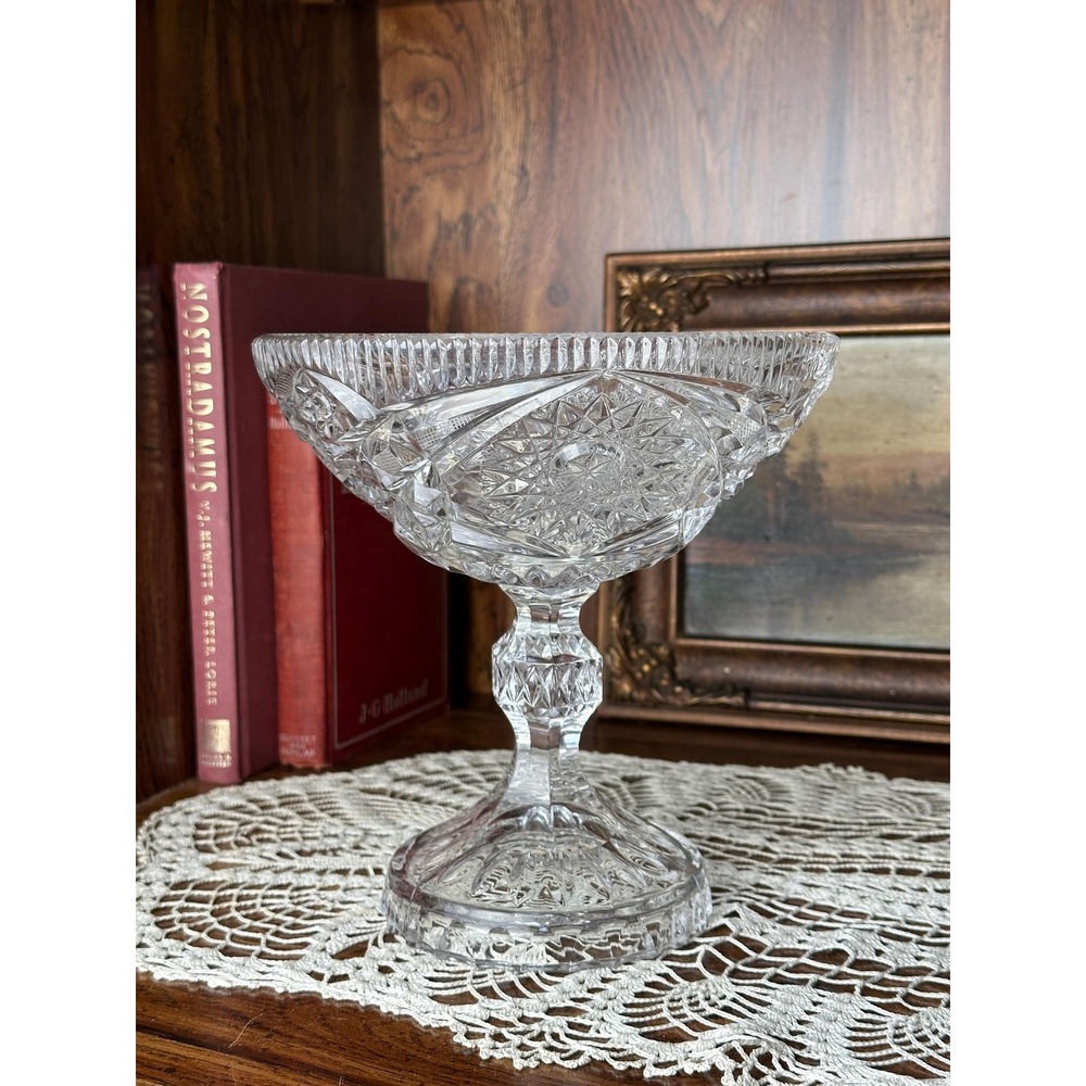 Vintage Bohemian Cut Crystal Pedestal Compote Bowl | Czech Clear Glass Dish 7"